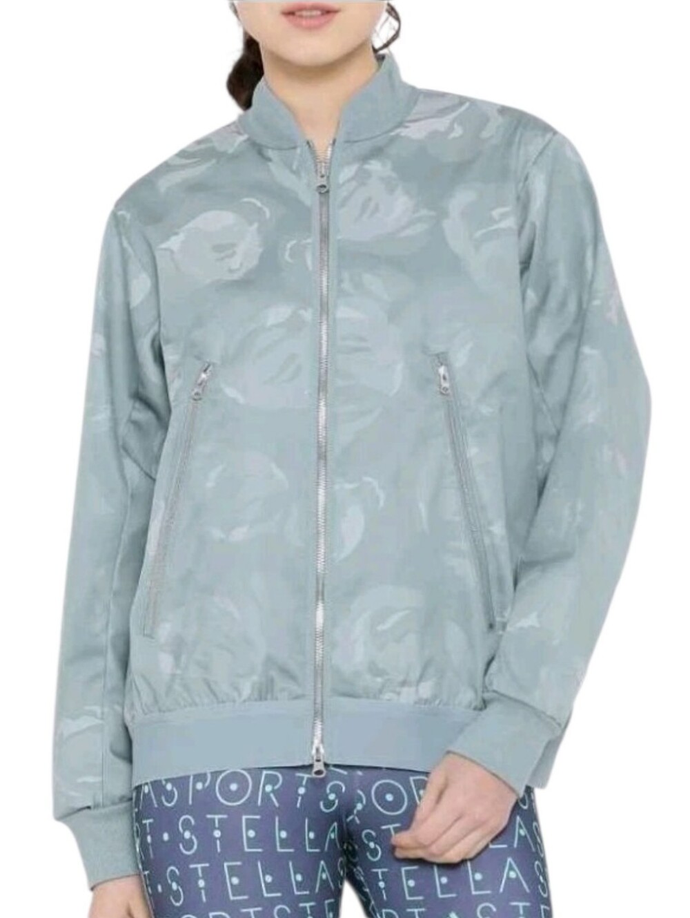 ADIDAS by STELLA McCARTNEY Sage Green Yoga Flower Zip Front Bomber Jacket